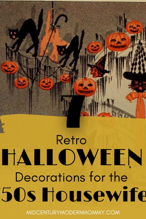 Do you love the look of those vintage Halloween parties on Pinterest? Get your own old-fashioned Halloween party decor for your '50s Housewife Halloween parties! Old Time Halloween Decorations, Vintage Halloween Photo Backdrop, Midcentury Halloween Decor, Spooky Vintage Halloween Decor, 70s Halloween Decorations, 70s Theme Halloween Party, Kitsch Halloween Decor, Vintage Halloween Yard Decor, Outdoor Vintage Halloween Decor