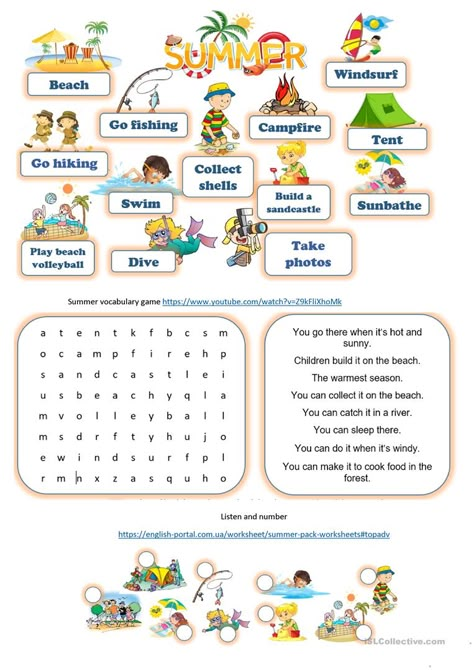 Summer pack - English ESL Worksheets for distance learning and physical classrooms Summer Vocabulary Activities, Summer Esl Activities For Kids, Summer Time Worksheets, Summer English Worksheet, Summer Vocabulary Worksheet, Summer Vocabulary For Kids, Holiday Worksheets For Kids, Summer Holidays Worksheet, Summer Worksheets For Kids