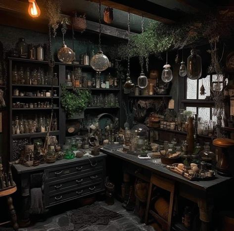 Witchy China Cabinet, Gothic Home Decor Kitchen, Witches Herb Cabinet, Witch Aesthetic Kitchen Decor, Cottage Witch Kitchen Aesthetic, Room With Windows All Around, Kitchen Witch Apothecary, Gothic Apothecary Aesthetic, Witchy Apothecary Aesthetic