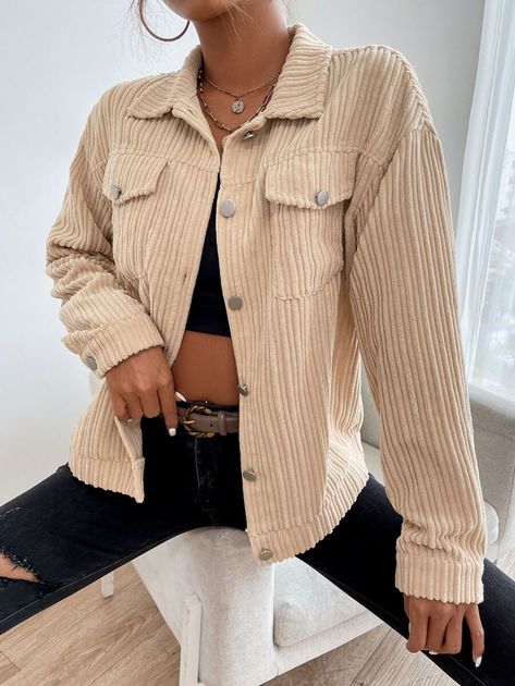 Flap Pocket Drop Shoulder Corduroy Jacket | SHEIN USA Shirt Jacket Outfit, Neutral Winter Outfit, Jacket For Spring, Wide Wale Corduroy, Beige Outfit, Women Jackets, Jacket Outfit, Corduroy Jacket, Spring And Autumn