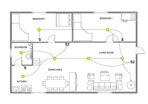 This is a wiring diagram displaying the wiring plan of a house. Viewers can see the wiring layout of the bedrooms, living room, dining area, kitchen, and bathroom in the house. A wiring diagram is a simple visual representation of the physical connections and physical layout of an electrical system or circuit. This visual representation shows the relative layout of the components and the wire connections between them. House Wire Diagram, House Wiring Diagram Home, Electrical Wiring Diagram Houses, House Electrical Wiring Plan, Electrical Wiring Plan, House Wiring Diagram, Electrical Plan Symbols, Electrical Layout Plan, Plan Of A House