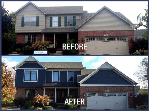 Before & After featuring James Hardie siding installed by Opal Enterprises in Deep Ocean color! Blue Siding Red Brick, Red Brick And Blue Siding Exterior, Red Brick Blue Siding, Blue And Brick House Exterior, Red Brick Homes Exterior Colors, Red Brick And Siding Exterior Colors, Red Brick House Exterior, Red Brick Exteriors, Exterior House Painting