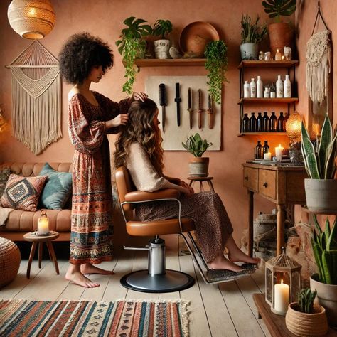 Relax in a Bohemian Home Salon while you get your hair done Salon Earthy Decor, Basement Salon Ideas Small Spaces, Boho Hair Studio, Micro Salon Ideas, Natural Hair Salon Decor, Cozy Salon Suite, Bohemian Spa Decor, Earthy Hair Salon, Dining Room Work Space