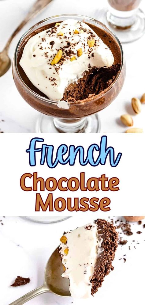 This is a recipe for traditional French chocolate mousse. It is dark, rich, sophisticated, and simply delicious, with no added sugar except for that in the chocolate you use. Thick Chocolate Mousse Recipe, Frozen Chocolate Mousse, French Chocolate Mousse Recipe, French Chocolate Mousse, Best Chocolate Mousse Recipe, Rich Chocolate Mousse, Choc Mousse, White Chocolate Recipes, Dark Chocolate Mousse