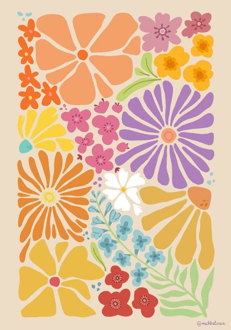 Pattern Cute Wallpaper, Aesthetic Pattern Drawing, Funky Flower Wallpaper, Colorful Flower Pattern, Summer Flowers Illustration, Flower Painting Pattern, Flower Collage Painting, Floral Parking Spot Painting, Funky Flower Painting