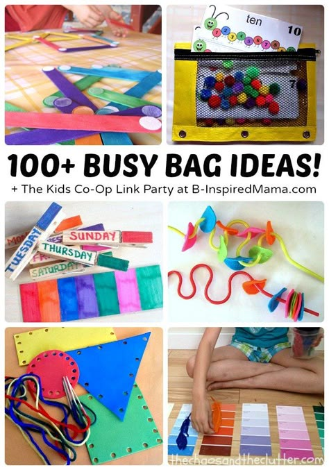 Over 100 Awesome Busy Bags + The Weekly Kids Co-Op Link Party at B-Inspired Mama Party Link, Busy Bag Ideas, Toddler Busy Bags, Busy Activities, Activity Bags, Quiet Time Activities, Busy Boxes, Quiet Activities, Craft Sticks