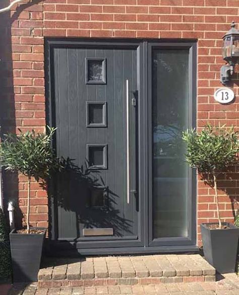 Grey Front Door, Grey Front Doors, Grey Siding, Composite Front Door, Front Door Styles, New Front Door, Contemporary Front Doors, Kerb Appeal, Front Door Entryway