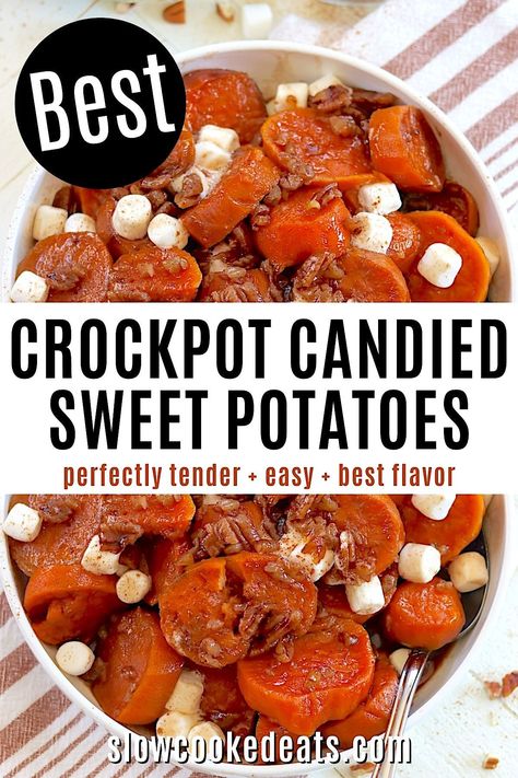 These crockpot candied sweet potatoes take a classic holiday side dish and make it super easy! Fresh sweet potatoes are layered with pecans, then slow cooked in a wonderful syrupy blend of sugar, orange juice, vanilla, and spices until they are fork tender. Finish off with a sprinkling of mini marshmallows - and voila - the perfect holiday side dish recipe! Crockpot Vegetables, Crockpot Holiday Recipes, Slow Cooker Holiday Recipes, Candied Sweet Potato Recipes, Slow Cooker Candy, Pasta Dessert, Crockpot Side Dishes, Sweet Potato Pecan, Slow Cooker Sweet Potatoes