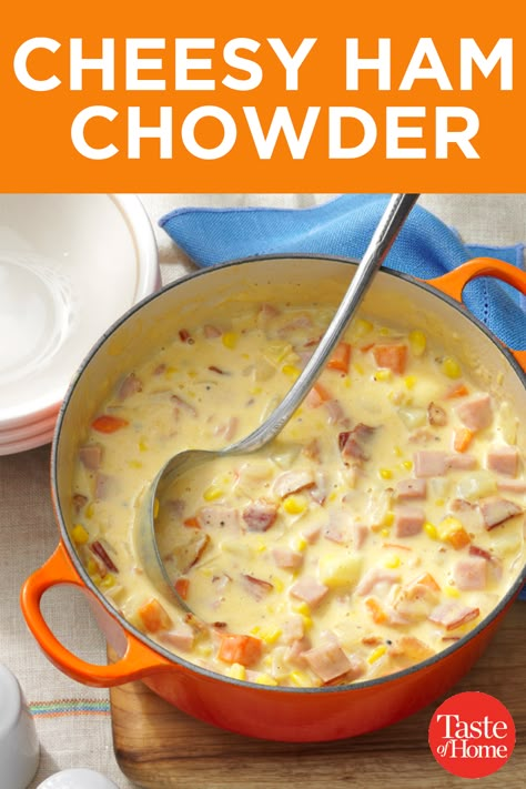 Cheesy Ham And Corn Chowder, Cheesy Ham And Potato Chowder, Ham And Cheese Chowder, Cheesy Ham Soup, Ham Chowder Soup, Soup Recipes Dutch Oven, Soup Recipes With Ham, Cheesy Ham Chowder, Ham Stew