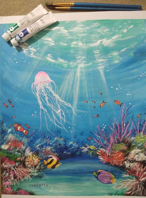 Undersea Painting Acrylic, Underwater Sea Painting, Under Sea Painting Acrylic, Water Aesthetic Painting, Under Water Painting Ideas On Canvas, Sea Coral Painting, Under The Water Painting, Aquarium Painting Acrylic, Under Water Painting Ideas