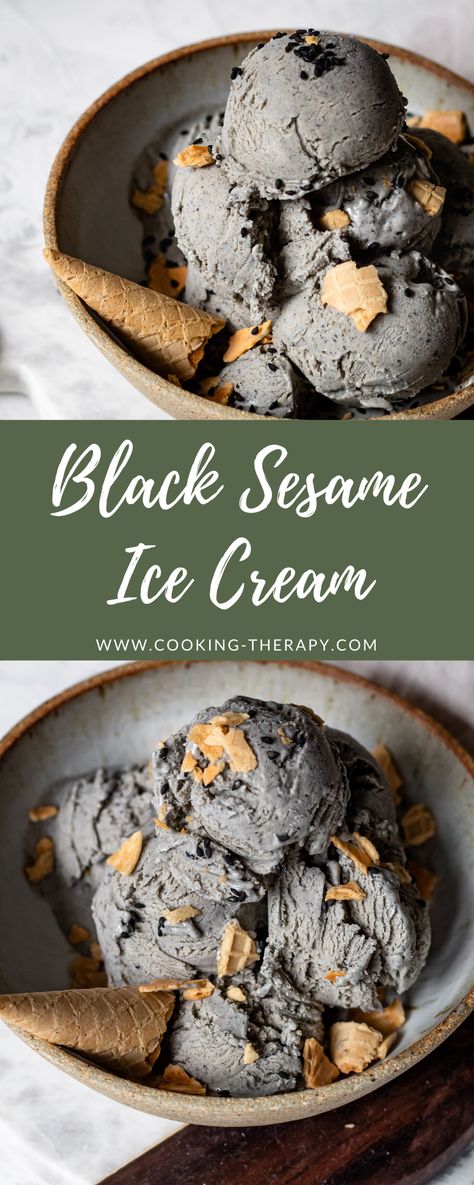 Sesame Ice Cream Recipe, Black Sesame Ice Cream Recipe, I've Cream Recipes, Black Ice Cream Recipe, Japanese Ice Cream Recipes, Asian Ice Cream Flavors, Savory Ice Cream, Black Sesame Recipes, Sesame Dessert