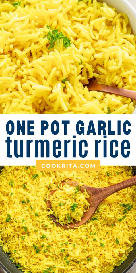 This tasty Turmeric Rice is not only light and fluffy but also incredibly easy to prepare. Infused with the rich flavor of savory chicken broth and enhanced with the aromatic blend of garlic and turmeric, it serves as a fabulous side dish that's ready in a mere 20 minutes! Mediterranean Rice Instant Pot, Flavored Minute Rice Recipes, Easy Quick Rice Recipes, Rice Noodles Dishes, Garlic Turmeric Rice Recipe, Cooked White Rice Leftovers, Golden Rice Recipes, India Rice Recipes, Ginger And Tumeric Recipes