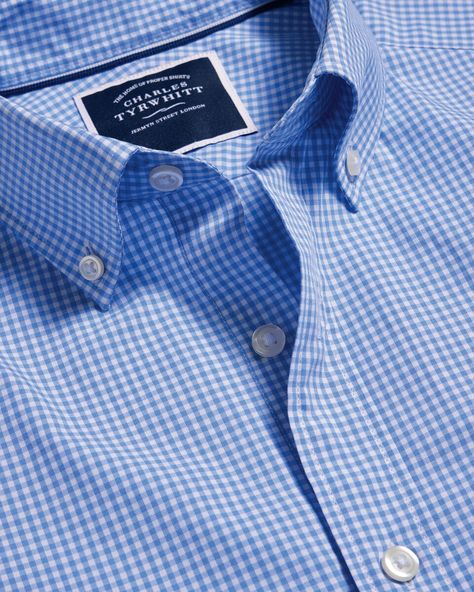 Button-Down Collar Non-Iron Stretch Poplin Mini Gingham Check Shirt - Ocean Blue | Charles Tyrwhitt Working Outfit, Wardrobe Men, Charles Tyrwhitt Shirt, Bespoke Shirts, Bar Shirt, Check Shirt Man, Business Casual Shirts, Money Images, Charles Tyrwhitt