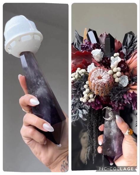 Dark Fairy Core Wedding, Dark Elf Wedding, Pagan Wedding Centerpieces, Spring Witch Wedding, Witch Themed Wedding Ideas, Alt Wedding Decor, Crystal Wedding Bouquets, Wedding With Crystals, Witch Wedding Centerpieces