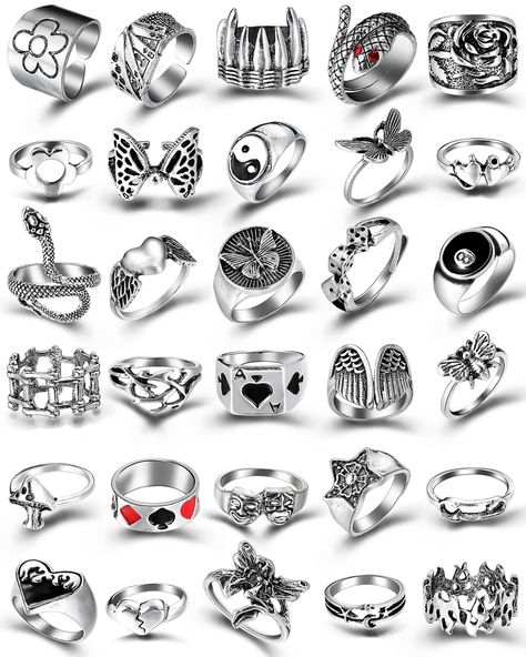 Silver Goth Punk Rings Set for Men Girls Women, 31PCS Cool Gothic Ring Pack, Vintage Stackable Rings Bulk, Boho Chunky Knuckl Emo Rings, Edgy Rings, Emo Jewelry, Punk Rings, Goth Ring, Y2k Rings, Full Finger Rings, Middle Finger Ring, Gothic Ring