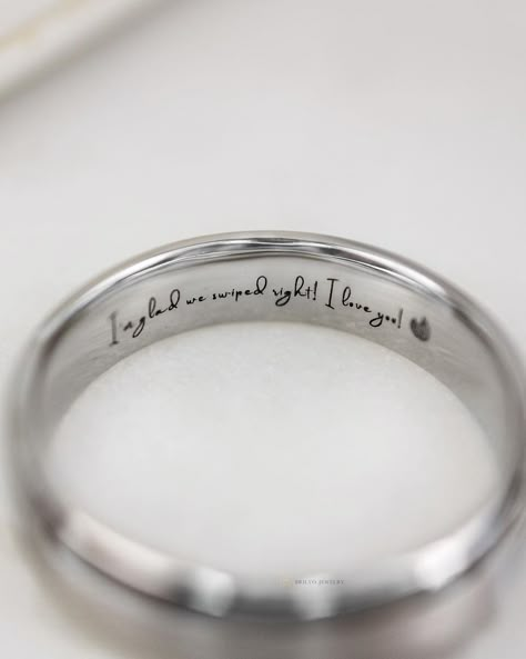 For couples who met on a dating app, this engraving is perfect for you! Let your engraved wedding rings serve as a timeless reminder of where your love story began. Rekindle cherished memories with a message forever etched on your wedding bands. Customize your rings with engravings at Brilyo. https://www.brilyojewelry.com/pages/customize-your-own-jewelry-piece Wedding Rings Inscription, Wedding Bands Engraved Ideas, Wedding Band Engraving Ideas For Him, Rings With Engravings, Engagement Ring Engraving Ideas, Ring Engraving Ideas Quotes, Wedding Band Engraving Quotes, Engagement Ring Engraving, Wedding Ring Inscriptions