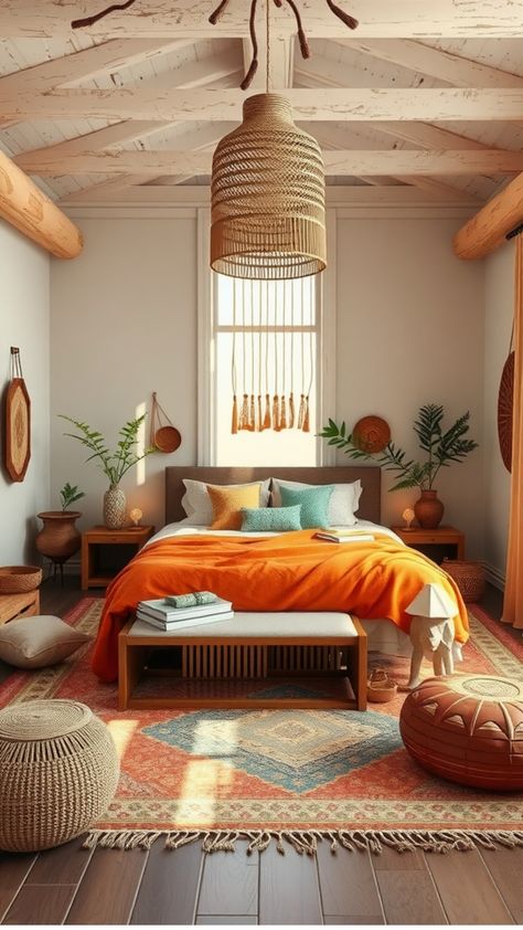 Cozy bedroom with earth-toned decor, woven furnishings, and a bright orange blanket. Orange Boho Bedroom, Dark Teal Bedroom Ideas, Anthropologie Bedroom, Orange Drapes, Comfortable Reading Nook, Academia Bedroom, Light Blue Kitchens, Bedroom Eclectic, Bright Pillows