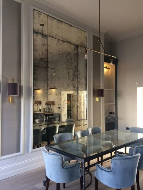 Dining Room Mirror Wall, Silver Antique Mirror, Mirror Decor Living Room, Antique Mirror Glass, Mirror Gallery Wall, Mirror Dining Room, Antique Mirror Wall, Mirrored Wall, Mirror Design Wall