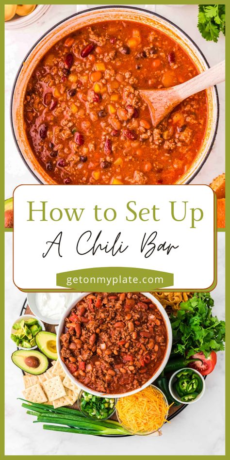 A chili bar party is an amazing way to take game day or casual gathering to the next level! Put together an amazing DIY chili bar or this show-stopping chili charcuterie board and impress your friends! One of the best things about this is the majority of it can be made the day before! All you have to do is assemble everything the day of your party – it’s a stress-free (and DELICIOUS) way to entertain! Family Chili Board, Chilli Charcuterie Board, Chili Bar Party Ideas, Chili Charcuterie Board Ideas, Chilli Bar, Chili Board Ideas, Chilli Bar Ideas Parties, Chili Board, Chili Charcuterie Board