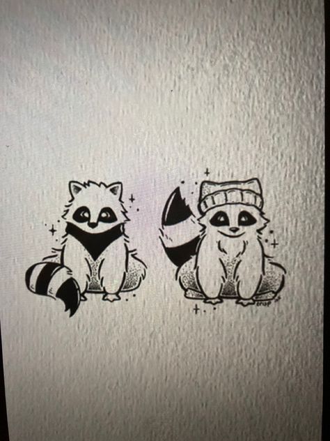 Raccoon With Knife Tattoo, Matching Possum Tattoos, Raccoon Flash Tattoo, Tattoo Ideas Raccoon, Cat And Raccoon Drawing, Raccoon Tattoo Cute, Raccoon And Possum Tattoo, Raccoon Line Art, Cute Raccoon Drawing Simple