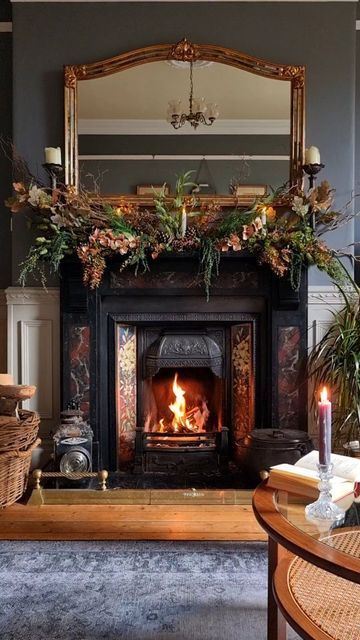 Dark Fireplace Mantle, Mantlepiece Decor, Cosy Home Decor, Photographer Content, Eclectic Maximalism, Tuscan Farmhouse, English Country Cottage, Victorian Fireplace, Cosy House