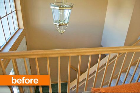 Be-foyer and After: An Entryway Makeover Split Foyer Entry, Honey Oak Trim, Split Entry Remodel, Stairs Makeover Design, Split Level Entryway, Bi Level Homes, Split Foyer, Entryway Makeover, Stairs Makeover