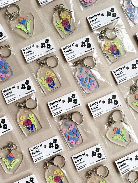 Luck Illustration, Bottle Plant, Shrink Paper, Keychain Design, Merch Ideas, Diy Clay Crafts, Acrylic Charms, Packaging Design Inspiration, Cute Flower