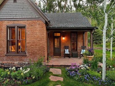 Brick House Exterior Ideas, Brown House Exterior, Brick House Exterior, Open Porch, Red Brick House Exterior, Stone Foundation, House Exterior Ideas, Brick Cottage, Copper Gutters