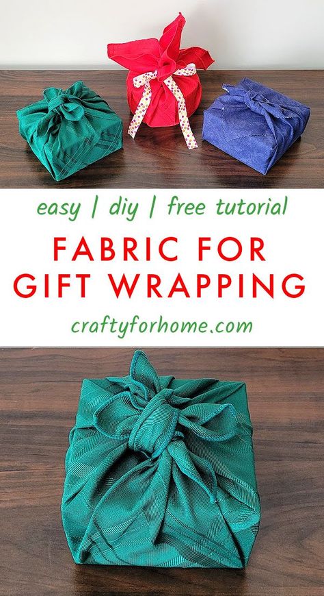 Green, red, and blue fabric for gift wrapping. Reusable Fabric Gift Wrap, Gift Wrapping Ideas With Fabric, Bogaji Wrapping, Fabric Gift Wrap How To Make, Fabric Gift Bag Patterns, How To Wrap A Gift With Fabric, Cloth Christmas Wrapping, Reusable Wrapping Ideas, Reusable Christmas Wrapping