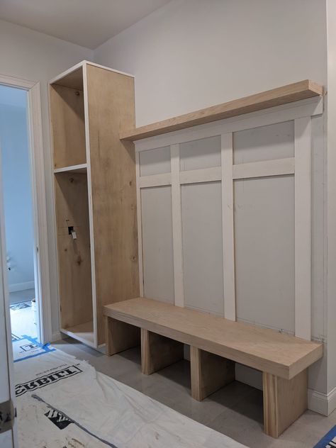 Basement Coat Rack, Drop Zones Ideas, Entryway With Closet Entrance, Modern Farmhouse Drop Zone, Mudroom Narrow Entryway, Mudroom With Open Shelves, 6x6 Mudroom, Small Entryway Built In, Entryway With No Closet