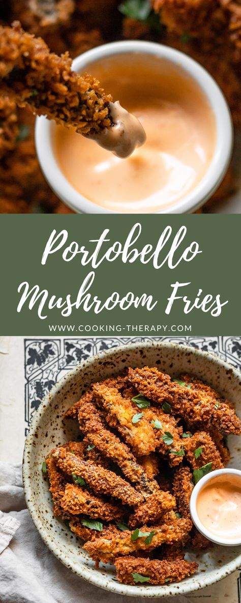 Paleo Portabella Mushroom Recipes, Portobello Mushroom And Chicken Recipes, Scalloped Portobello Mushrooms, Portables Mushroom Recipe, Mushroom Fries Portobello, Portobello Mushroom Fries, Portobello Mushroom Appetizer, Recipes Using Portobello Mushrooms, Portabella Mushroom Vegan Recipes