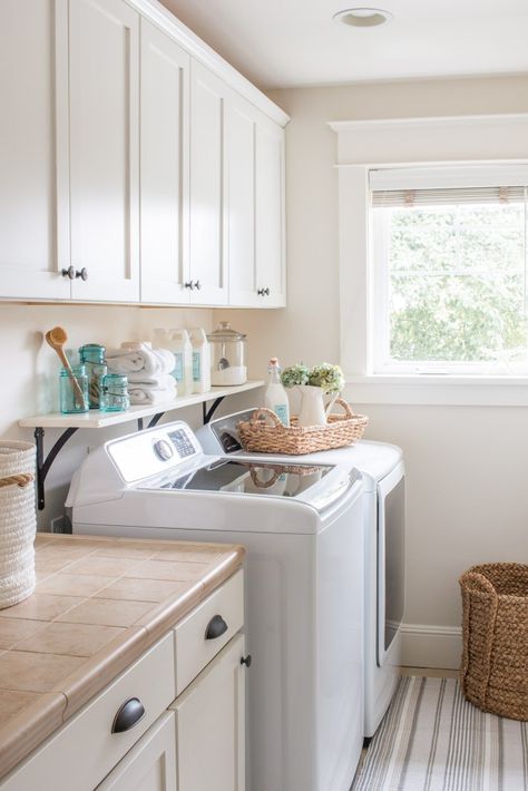 Shelf Over Washer And Dryer, Washer Dryer Shelf, Top Loader Laundry Room, Diy Laundry Room Shelves, Fold Laundry, Laundry Room Update, Diy Laundry Room, Laundry Nook, Laundry Shelves