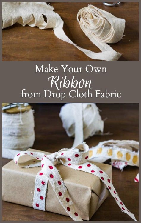 This DIY ribbon technique using drop cloth fabric creates one continuous strip of fabric, which you can use as is, or embellish as you wish. #handmaderibbon #dropcloth #crafting #diyribbon Drop Cloth Projects, Cloth Projects, Daycare Gifts, Simple Sewing Projects, Cloth Diy, Ribbon Diy, Bows Diy Ribbon, Beer Caps, Holiday Presents