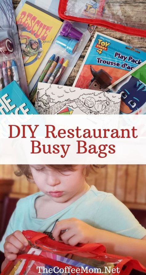 Taking toddlers to restaurants can feel like walking into war! Everything is unpredictable, will they scream? Will they cry? No one knows! Most of us don't want to just hand our kid a phone to keep them entertained at a restaurant, so what is a busy mom to do? DIY restaurant busy bags have saved my dinner quite a few times! With fun and inexpensive activities, these bags are a real dinner time lifesaver! Busy Bags For Toddlers, Parenting Hacks Baby, Diy Entertainment, Diy Mom, Pack And Play, Kid A, Kids Mood, Busy Books, Toddler Development