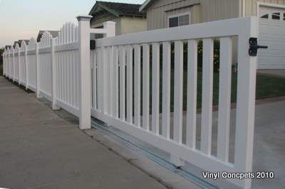 Rolling gate in closed picket design. 3 inch wide pickets for a more secluded look. Gate is shown partially open. Rolling Gate Design, Wooden Gates Ideas, Sliding Fence Gate, Gate And Fence Ideas, Unique Fence Ideas, Electric Sliding Gates, Gates Ideas, Picket Gate, Deck Gate