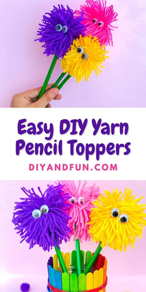 Easy DIY Yarn Pencil Toppers, a simple project for decorating pencils and pens with a homemade craft pom pom. Most ages. Bulky 6 Yarn Crochet Patterns, Yarn Art For Kids, Crochet Baby Blanket Size, Crochet Blanket Size, Pencil Toppers Diy, Crochet Blanket Yarn, Crochet Patterns Blanket, Pencil Topper Crafts, Yarn Art Projects