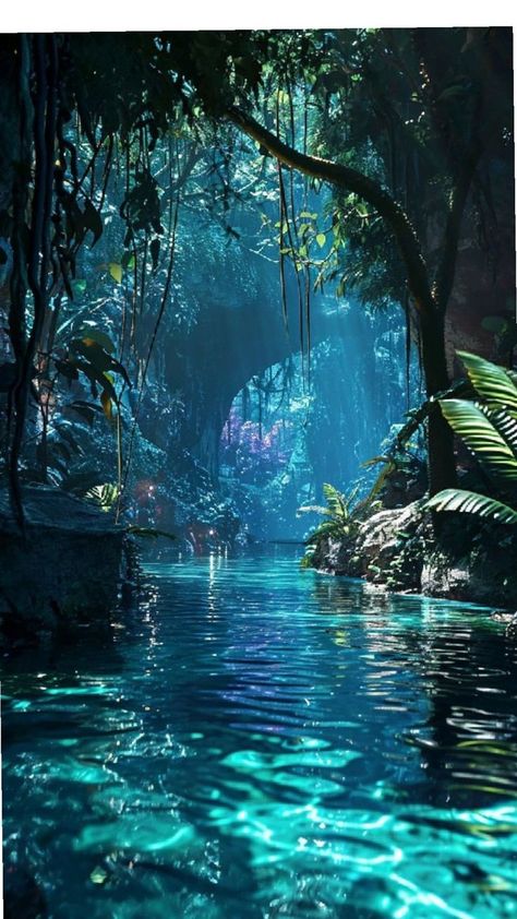 beautiful Magic Island Aesthetic, Avatar Way Of Water Aesthetic, Other World Aesthetic, Avatar The Way Of Water Wallpaper, Avatar Forest, Fantasy River, Underwater Forest, Alien Landscape, Pretty Landscapes