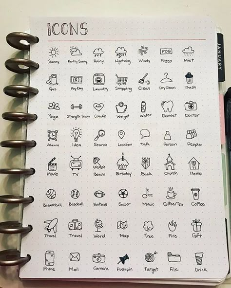 different icons - bullet journal Easy Journal, Activity Journal, Bullet Journal 2019, Bullet Journal Notes, Bullet Journal Mood, Daily Activity, Bullet Journal Planner, Bullet Journal Aesthetic, Journal Stuff