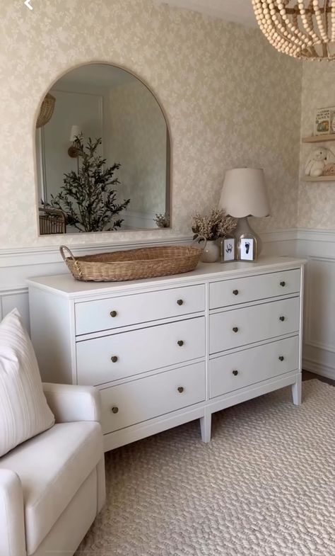 Nursery With Dresser, White Wood Nursery, Nursery White Dresser, Mirror Over Nursery Dresser, Colored Dresser In Nursery, Nursery Dresser With Mirror, Picture Frame Moulding Nursery, Antique Dresser In Nursery, Crib And Dresser Set