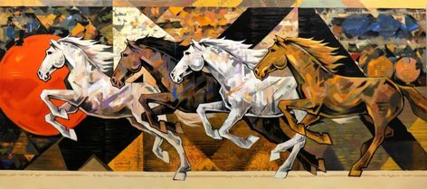 Indian Paintings | Indian Art | Modern Art Paintings | Modern Paintings Contemporary Horse Paintings, Seven Horses Painting, Colorful Horse Painting, Abstract Horse Art, Horse Canvas Painting, Modern Indian Art, Abstract Horse Painting, Modern Expressionism, Buy Paintings Online