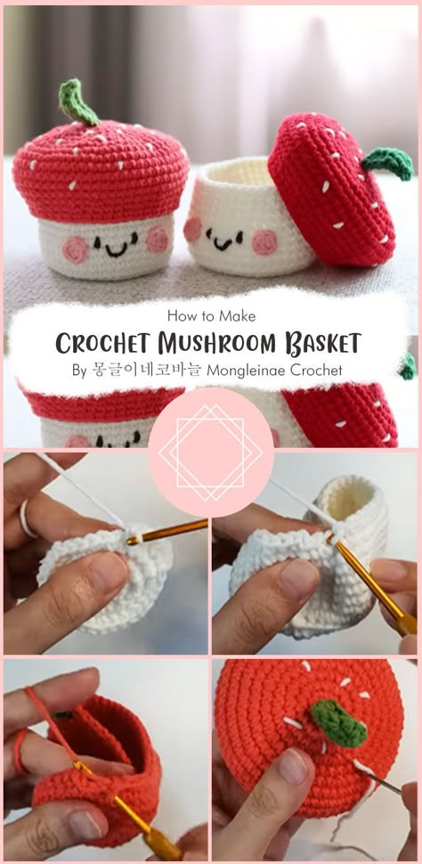 This is a tutorial for a mushroom basket, made out of yarn. It’s a relatively easy project to crochet, and it’s also pretty and cute! Crochet Pop Up Mushroom, Crochet Mushroom House, Mushroom Holder Crochet, Mushroom Basket Crochet, Crochet Stash Jar Pattern Free, Crochet Mushroom Basket, Crochet Mushroom Coaster, Free Crochet Mushroom Pattern, Mushroom Crochet Pattern Free