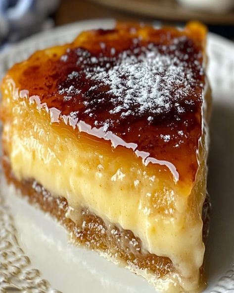 Crème Brûlée Cake – Decadent Custard & Caramel Dessert Creme Brûlée Pie, Bananas Foster Creme Brulee, Cream Brulee Cake Recipe, Dessert Recipes French, Holidays Desserts Christmas, Large Creme Brulee Recipe, Caramel Custard Pie Recipe, Fancy Custard Desserts, Creme Brulee Tartlets