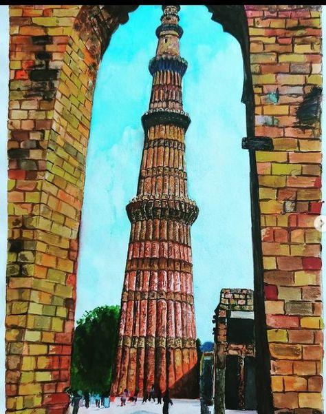 Qutub Minar Painting | Watercolor | art | Minar art | 6 hrs duration | artist: Mansi rawat | color | paint Qutub Minar Painting, Qutub Minar Drawing, Heritage Paint, Qutub Minar, Color Paint, Gif Pictures, Painting Videos, Painting Watercolor, Leaning Tower Of Pisa