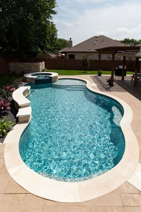 QuartzScapes Regular Series Mariner Blue | NPT Pool Finishes Outdoor Ideas With Pool, Free Form Pool With Hot Tub, Small Inground Pool With Hot Tub, Houses With Pools In The Backyard, Free Form Pools With Spa, Circle Pool Ideas, Basic Pools Backyard Inground, Small Backyard Inground Pool Ideas, Backyard Pool Designs Budget