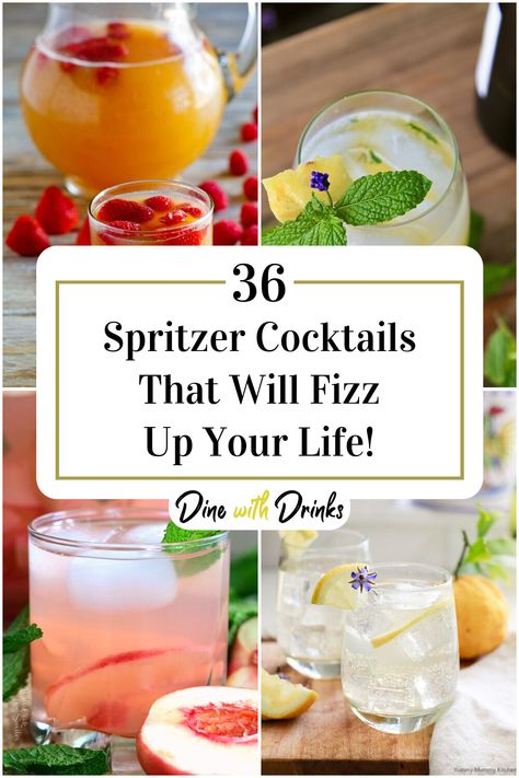 Collage of 4 spritzer cocktails. Spring Spritzer Cocktail, Drink Mixers For Party, Spritzer Bar Ideas, Light Summer Drinks Alcohol, Light Cocktails Summer, Spring Cocktails For A Crowd, Champagne Spritzer Cocktails, Run Cocktail Recipes, Sprite Alcohol Drinks