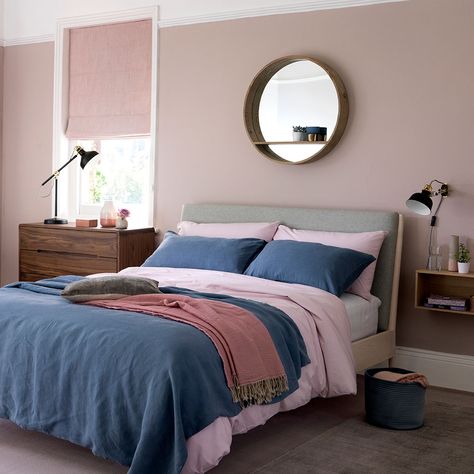 Relaxed-Scandi-bedroom-in-blush-pink-and-denim-blue Dusty Pink Bedroom, Blue And Pink Bedroom, Blush Pink Bedroom, Pink Bedroom Walls, Blush Bedroom, Scandi Bedroom, Pink Bedroom Design, Pink Bedroom Ideas, Pink Bedroom For Girls