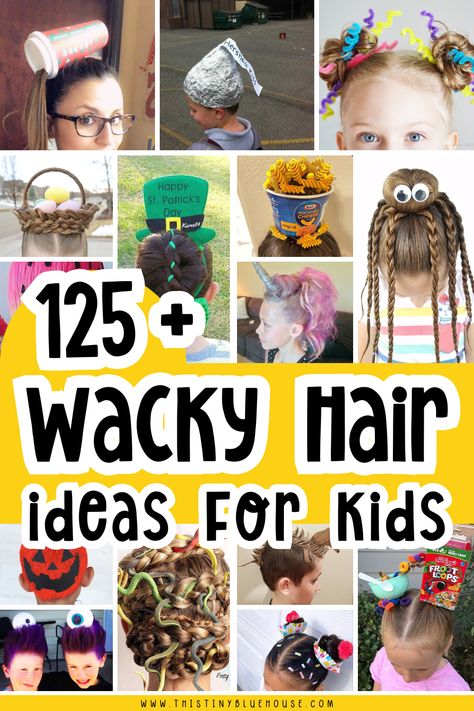 Are you looking for a wacky hairstyle for kids? Here are over 125 wild and wacky hairdos for kids perfect for spirit or red ribbon week.  We've got crazy hair day ideas for girls, boys, long hair, short hair and all the holidays too.  Head on over to our site today to get some crazy hair day inspiration right now. Crazy Hair Day Ideas For Natural Hair, Fast Crazy Hair Day Ideas, Crazy Pigtails, Wacky Week Preschool, Crazy Hair Day Ideas For Adults, Wacky Wednesday Hairstyles, Dinosaur Crazy Hair Day, Silly Hair Day, Wacky Day