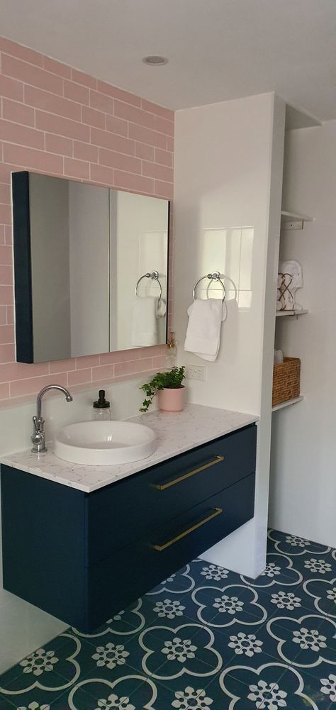 Navy Blue And Blush Bathroom, Pink Blue Bathroom Ideas, Navy Blue Pink Bathroom, Pink Navy Bathroom, Mauve And Navy Bathroom, Pink And Navy Blue Bathroom, Dark Blue And Pink Bathroom, Navy And Pink Bathroom Ideas, Navy Tiles Bathroom