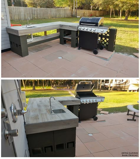 This is a easy built outdoor kitchen with a sink and a bbq.  The stones are 16x16. The cabinet is made from cinder block, 4x4 pressure treated wood for support and tile from the clearance section. The sink and faucet was $100, bbq with side burner is around $170. Takes about 3 weekends to complete because of the all tile work, area was about 18'x26'. Outdoor Kitchen Made With Cinder Blocks, Small Covered Patio Ideas Grill Area, Grill Section Backyard, Cinder Block Counter Outdoor, Outdoor Cinder Block Kitchen, Cinder Block Bbq Grill, Easy Outdoor Bbq Area, Diy Outdoor Kitchen With Cinder Blocks, Cinderblock Bar Outdoor