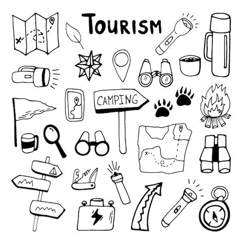 Premium Vector | Hand drawn set of travel doodle tourism and summer adventure Doodles Travel, Traveling Doodles, Roadtrip Doodle, Doodle Travel, Adventure Graphics, Traveling Drawing, Travel Doodle, Travel Drawing Sketches, Adventure Illustration Exploring